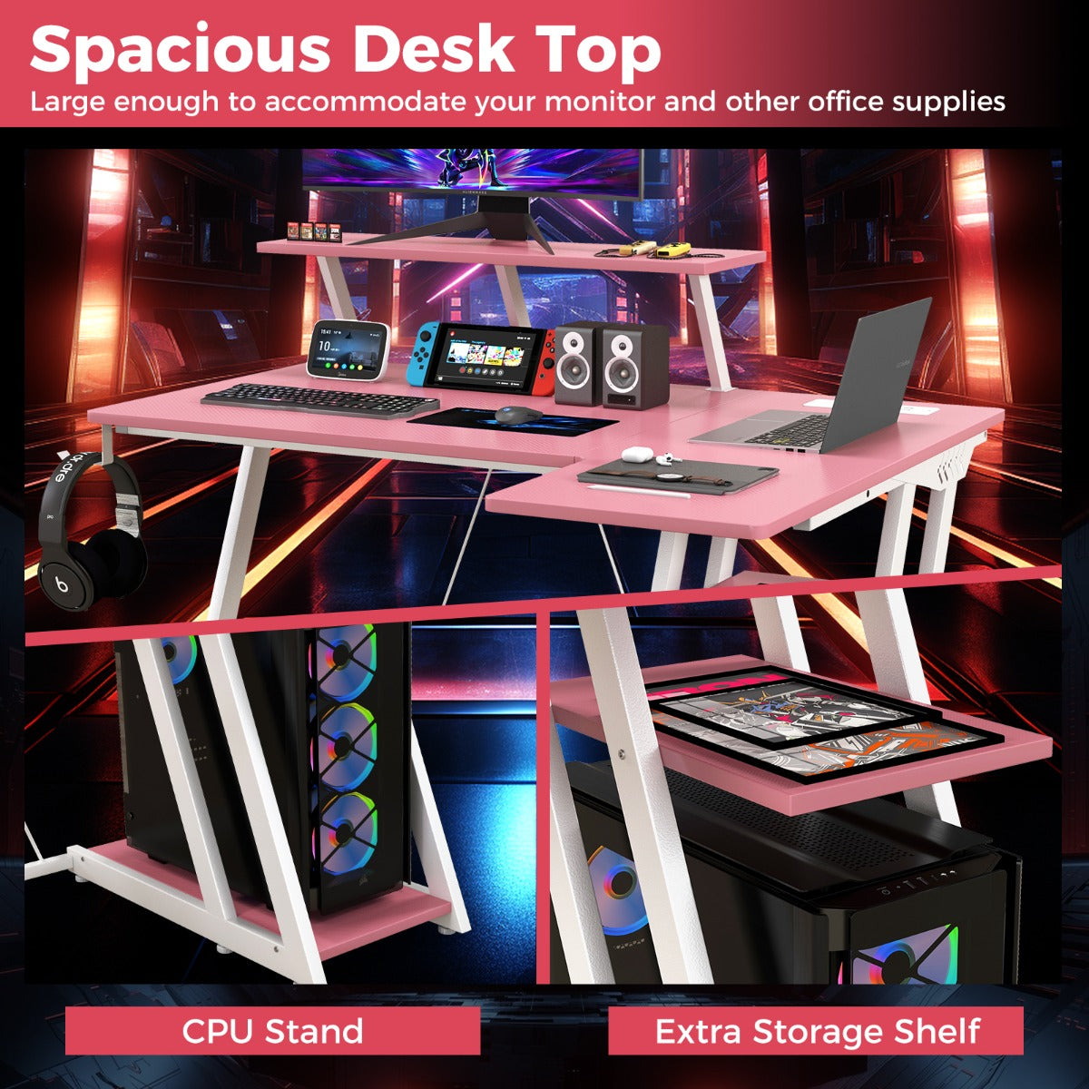 LIVSK Gamingbureau met Monitorplank - Ergonomisch - 2 Stopcontacten en 2 USB-poorten - Stevig Metaal - 107 x 45 x 93 cm - Roze/Wit