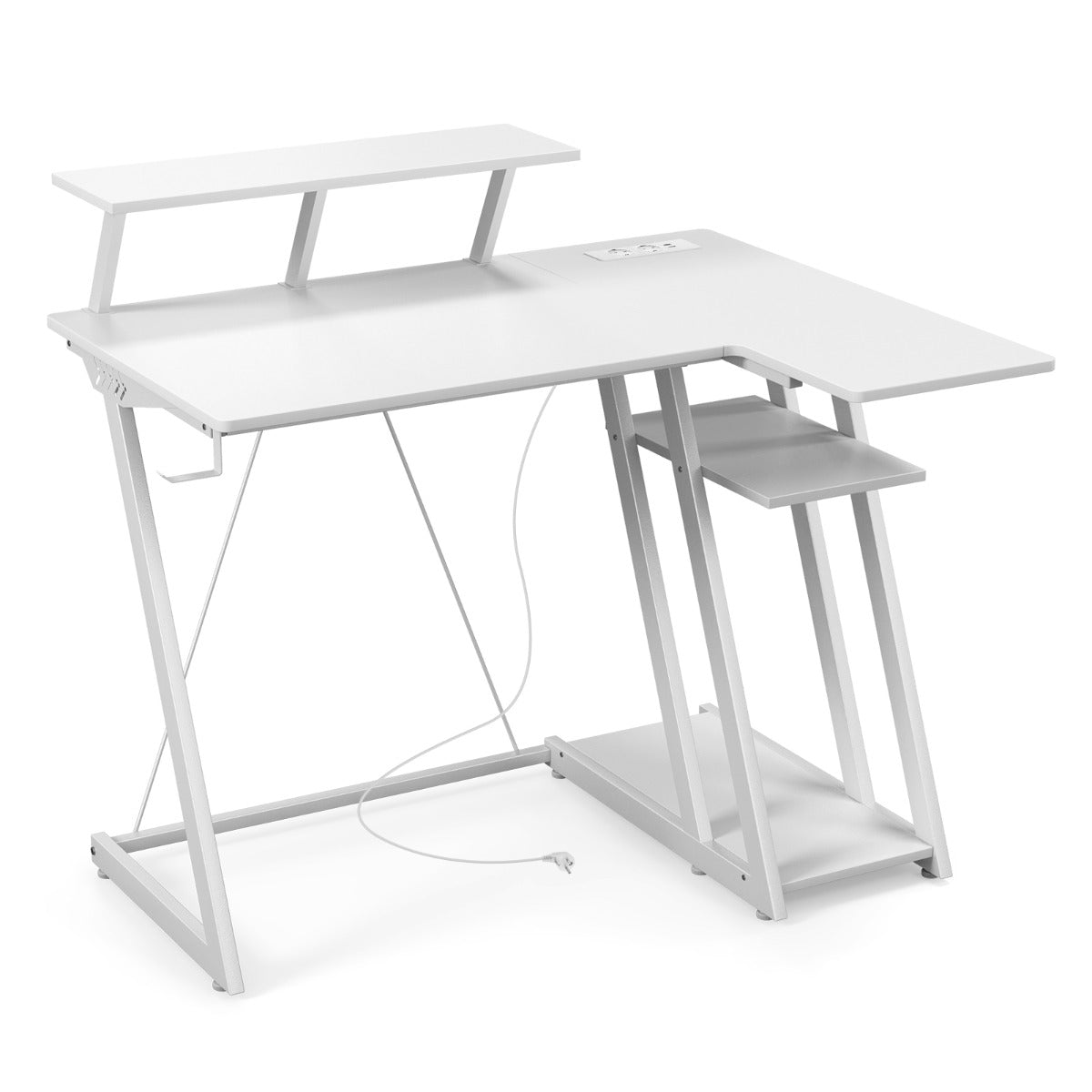 LIVSK Gaming Bureau - 2 Stopcontacten - 2 USB-poorten - Ergonomische Monitorplank - L-vormig - 107 x 45 x 93 cm - Roze/wit