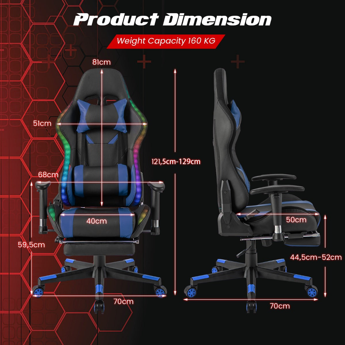 LIVSK LED-gamingstoel - RGB Verlichting met Afstandsbediening - Verstelbare Hoogte en Rugleuning - 360° Draaibaar - Blauw