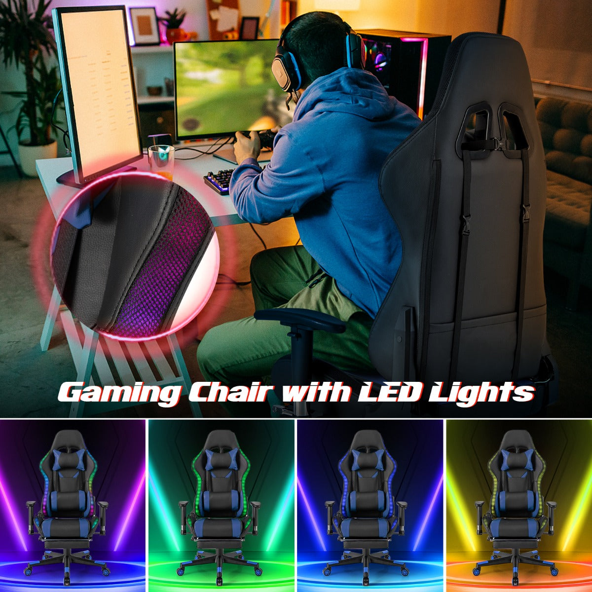 LIVSK LED-gamingstoel - RGB Verlichting met Afstandsbediening - Verstelbare Hoogte en Rugleuning - 360° Draaibaar - Blauw