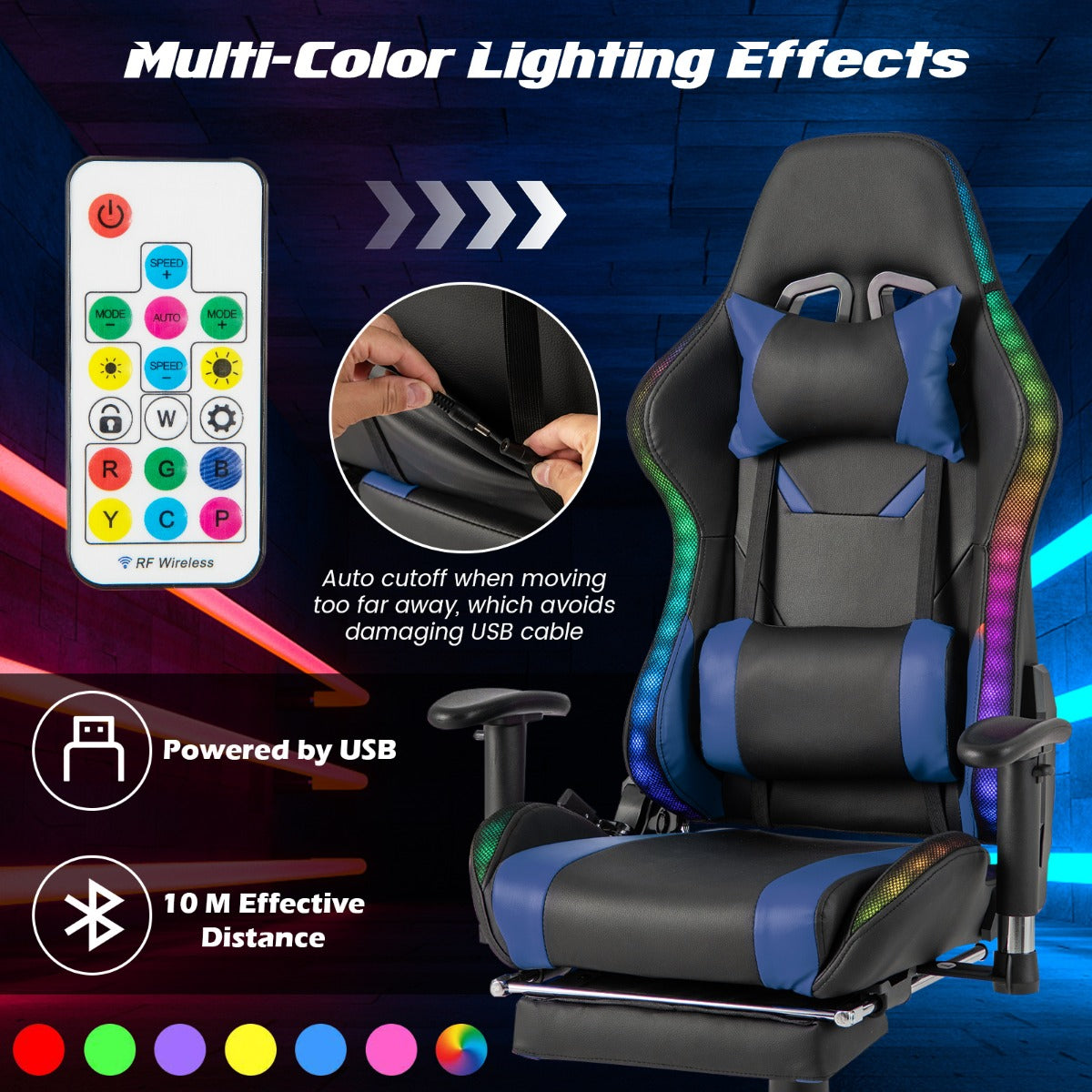 LIVSK LED-gamingstoel - RGB Verlichting met Afstandsbediening - Verstelbare Hoogte en Rugleuning - 360° Draaibaar - Blauw