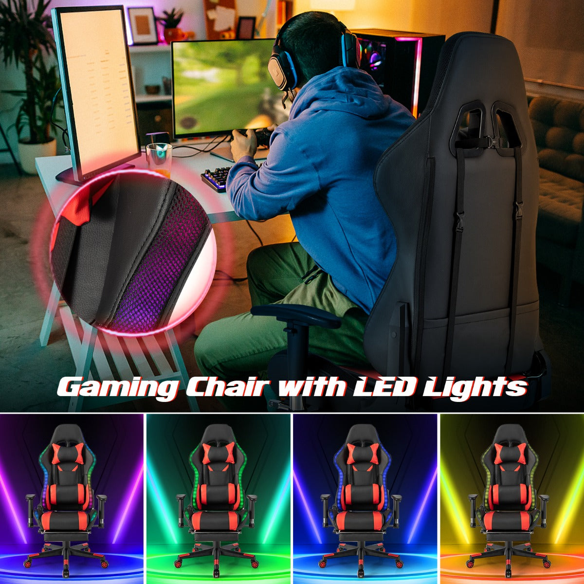 LIVSK LED Gamingstoel - Verstelbaar met RGB Verlichting en Intrekbare Voetensteun - 360° Draaibaar - Tot 160 kg - Rood