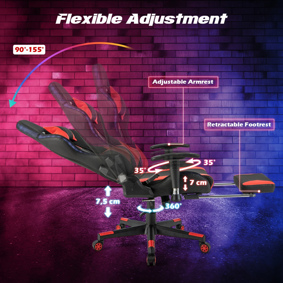 LIVSK LED Gamingstoel - Verstelbaar met RGB Verlichting en Intrekbare Voetensteun - 360° Draaibaar - Tot 160 kg - Rood