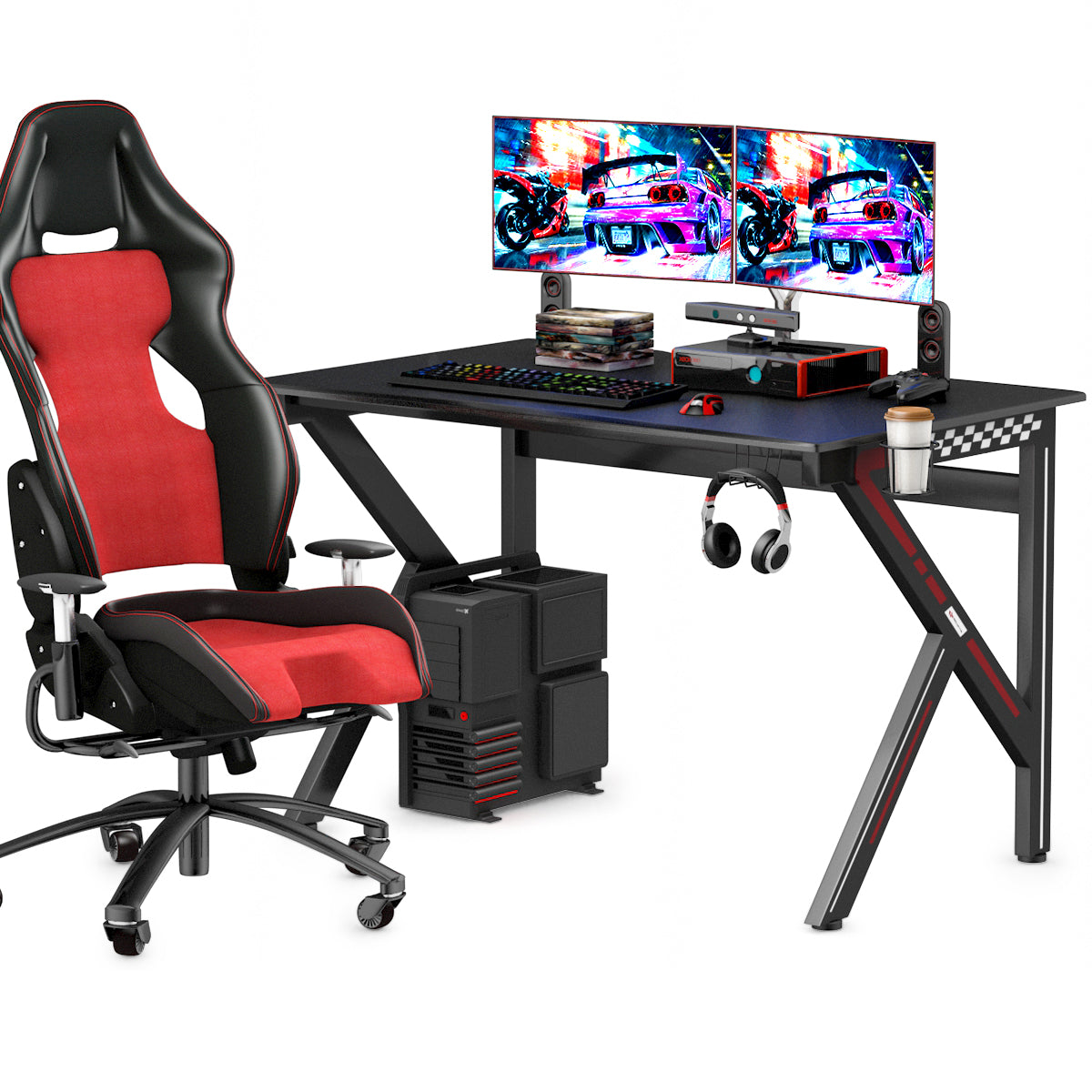 LIVSK Gamingtafel - Verstelbare Poten, Hoofdtelefoon- en Bekerhouders - Robuust Staal - 115 x 75 x 76 cm - Zwart