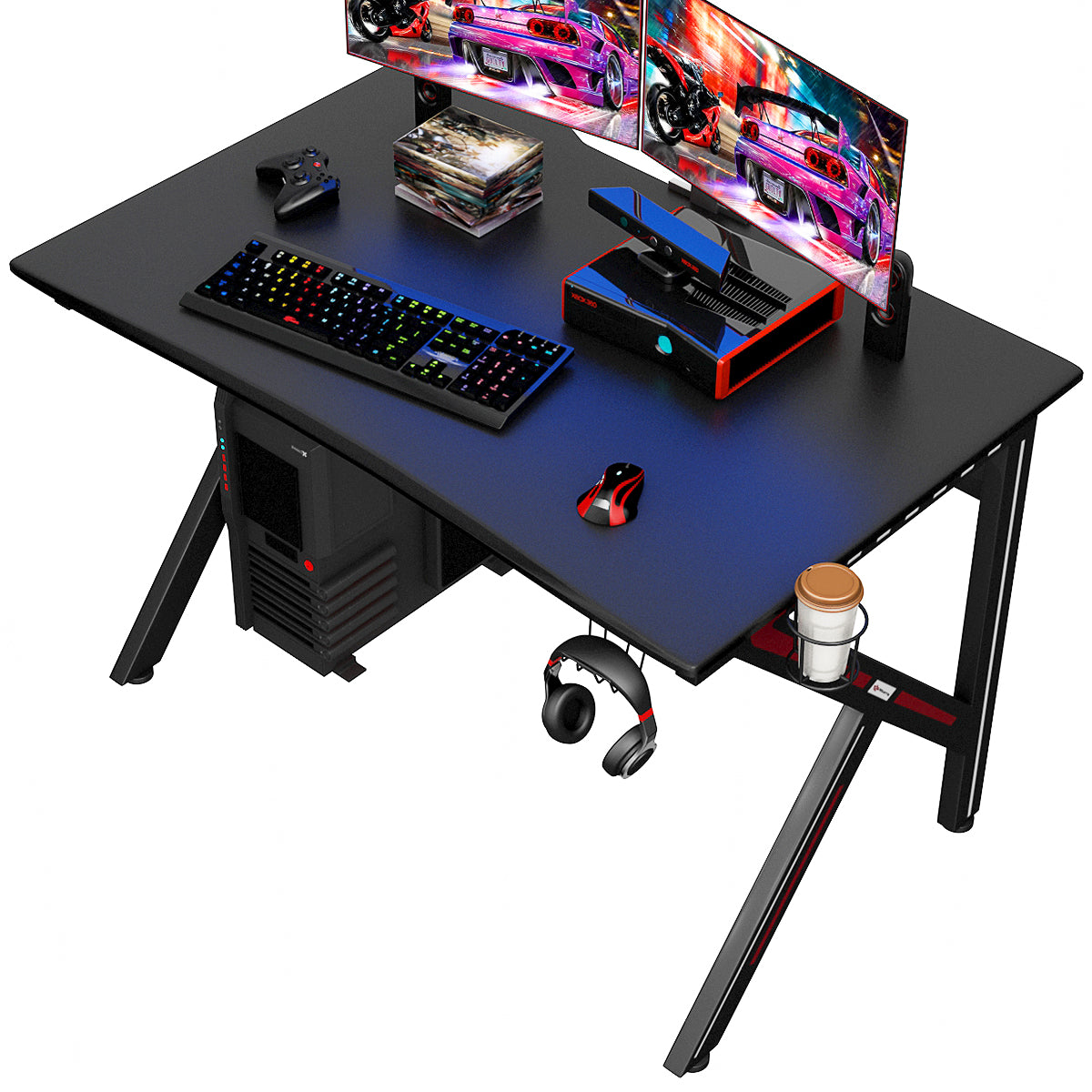 LIVSK Gamingtafel - Verstelbare Poten, Hoofdtelefoon- en Bekerhouders - Robuust Staal - 115 x 75 x 76 cm - Zwart