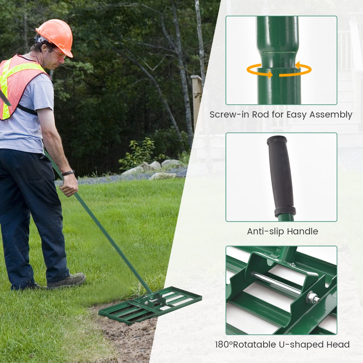 LIVSK Egaliseerhark voor Gazons - Ergonomische Handgreep 170 cm - U-vormige Kop - 75 x 25 cm - Duurzaam Metaal - Groen