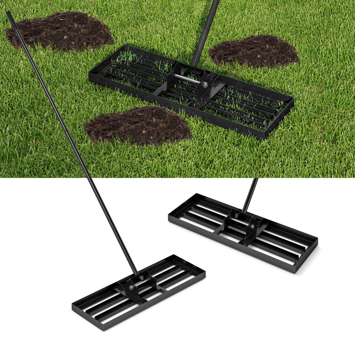 LIVSK Egaliseerhark voor Gazon - Ergonomische Lange Handgreep - Stevig Metaal - Eenvoudige Montage - 75 x 25 cm - Zwart/Groen