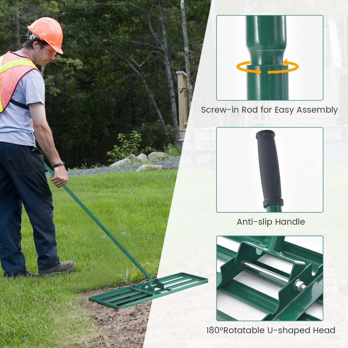 LIVSK Ergonomische Gazonhark 91 x 25 cm - Duurzaam Metaal - Eenvoudige Montage - Comfortabele 170 cm Steel - Groen