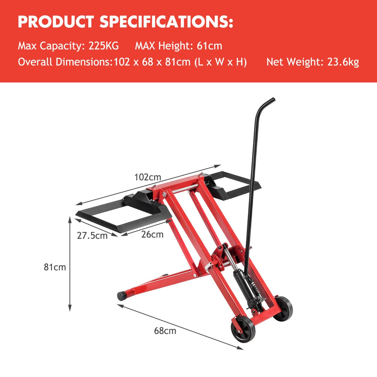LIVSK Grasmaaierkrik - Hydraulisch en Verstelbaar - Tot 225 kg Draagvermogen - Veilig en Inklapbaar - 102 x 68 x 81 cm - Zwart en