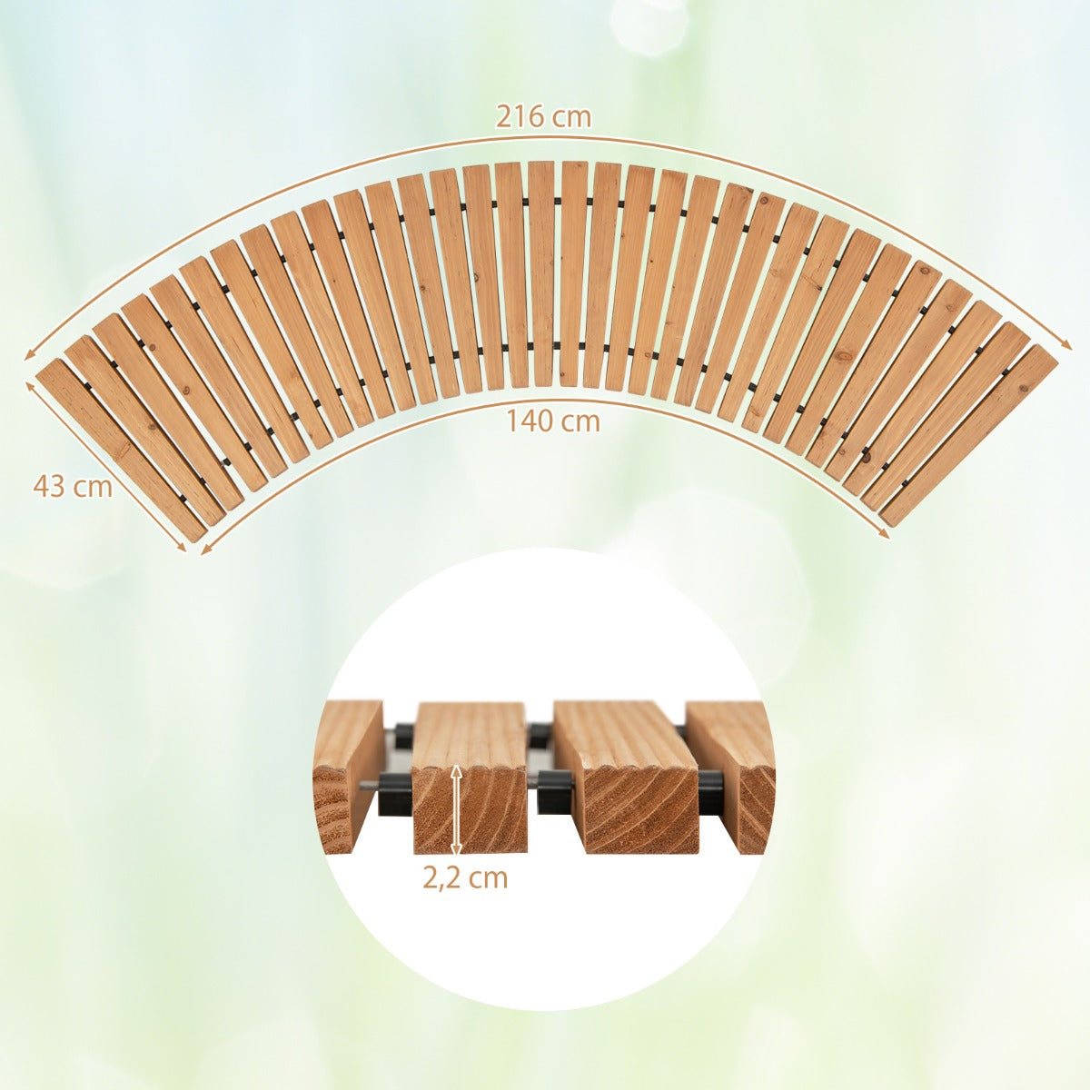 LIVSK Houten Tuinpad - Antislip Oppervlak - Oprolbaar en Geen Montage Nodig - Massief Dennenhout - 216 x 43 x 2,2 cm - Natuurlijk
