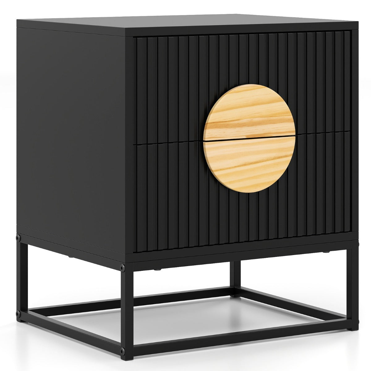 LIVSK Bijzettafel - Geribbeld Design met 2 Lades - Ruim Tafelblad - Duurzaam Metalen Frame - 48 x 40 x 56 cm - Zwart & Natuurlijk