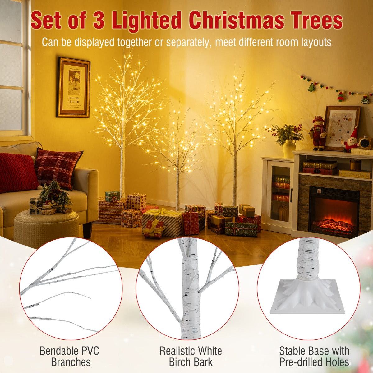 LIVSK 3-delige Verlichte Berkenboomset - Warmwitte LED - Creatieve Flexibiliteit - Binnen en Buiten - 120/150/180 cm - Wit