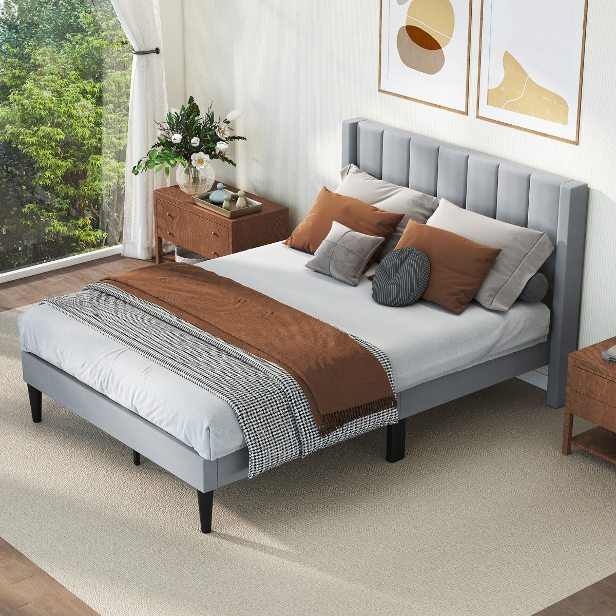 LIVSK Geïsoleerd Tweepersoonsbedframe - Fluweelstof - Houten Latten - Tot 250 kg - Bodemvrijheid 15 cm - 211 x 155 x 105 cm -