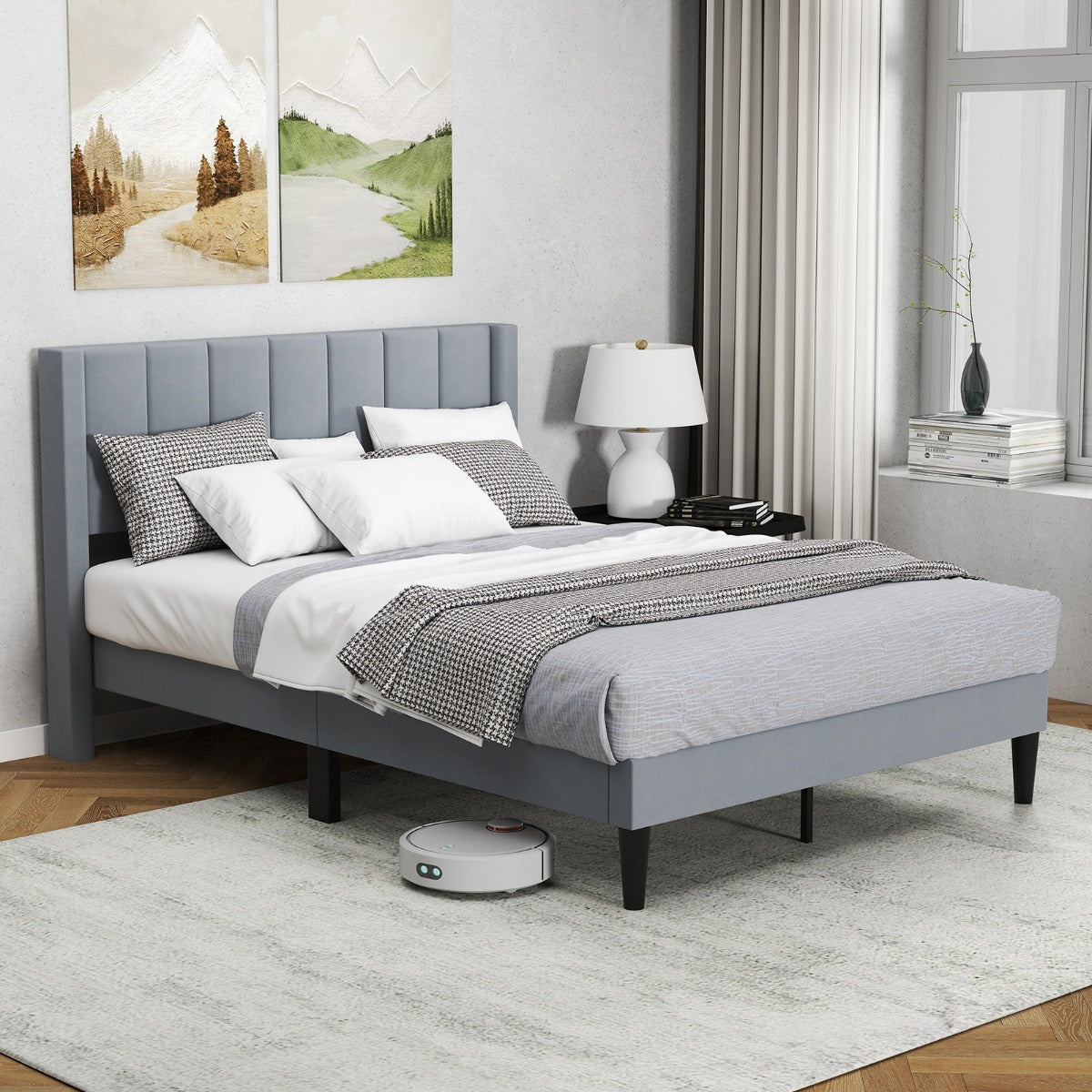 LIVSK Geïsoleerd Tweepersoonsbedframe - Fluweelstof - Houten Latten - Tot 250 kg - Bodemvrijheid 15 cm - 211 x 155 x 105 cm -