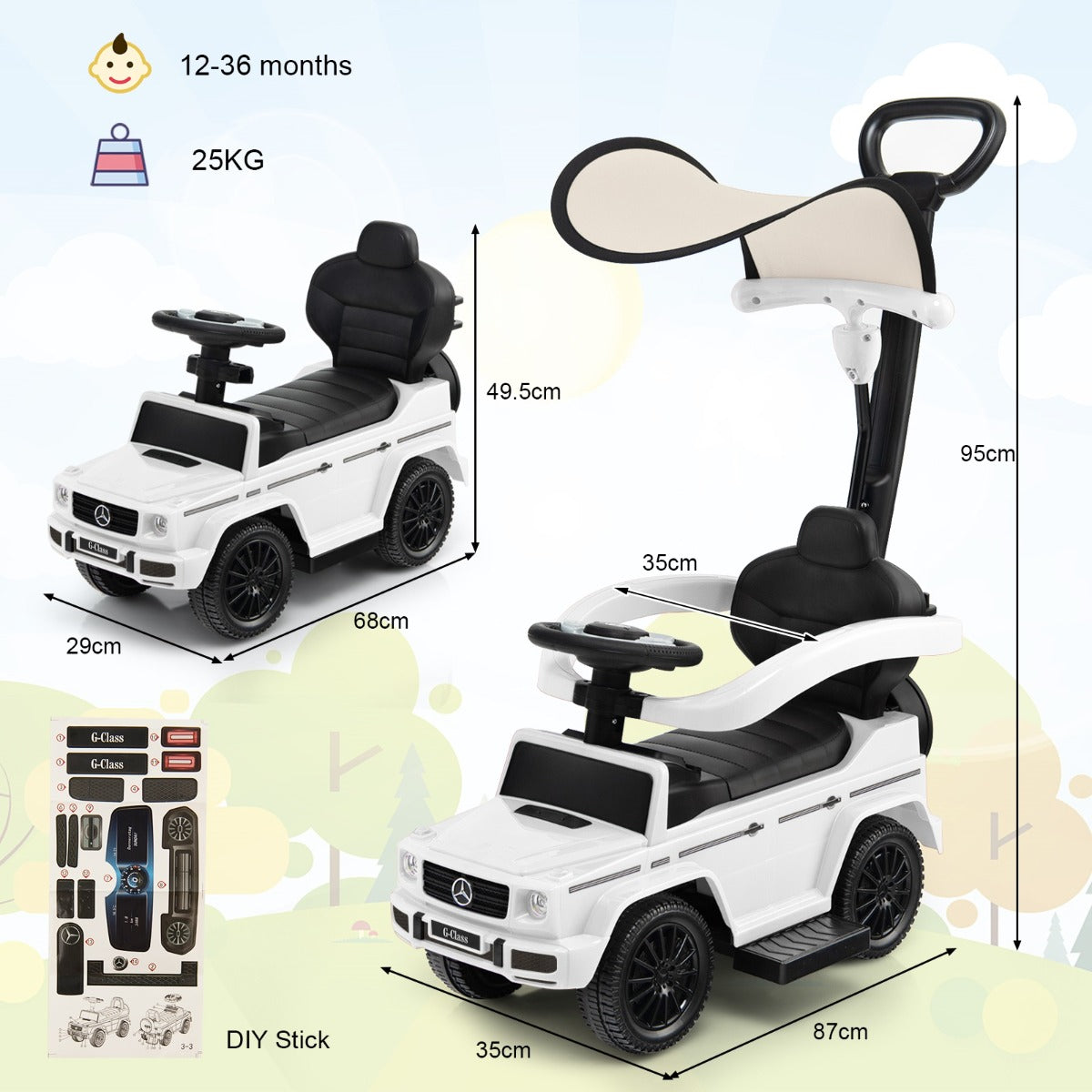 LIVSK 3-in-1 Loopauto voor Kinderen - Verstelbare Zonnekap - Beschermende Reiling - Interactieve Stuurknoppen - Tot 25 kg - Wit