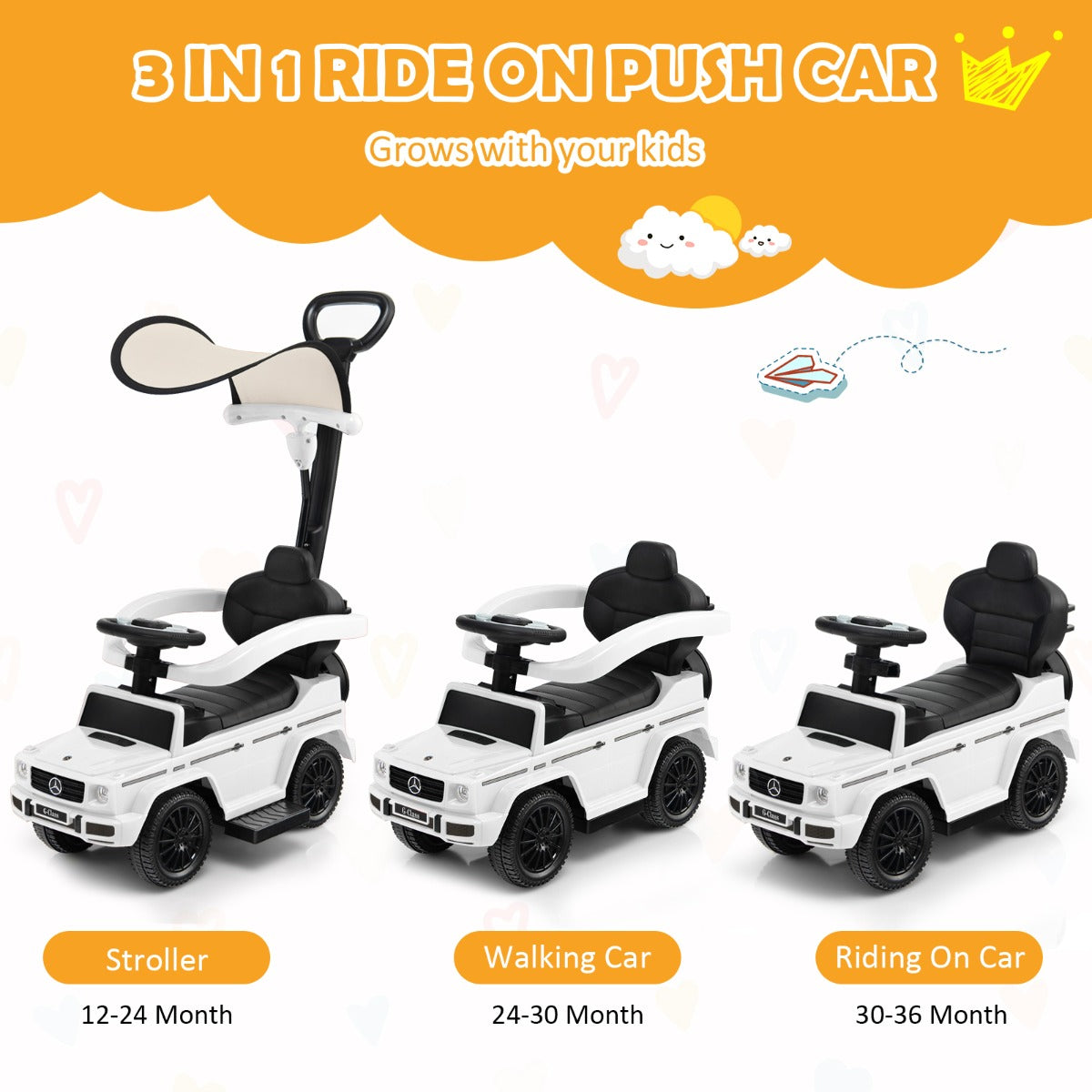 LIVSK 3-in-1 Loopauto voor Kinderen - Verstelbare Zonnekap - Beschermende Reiling - Interactieve Stuurknoppen - Tot 25 kg - Wit