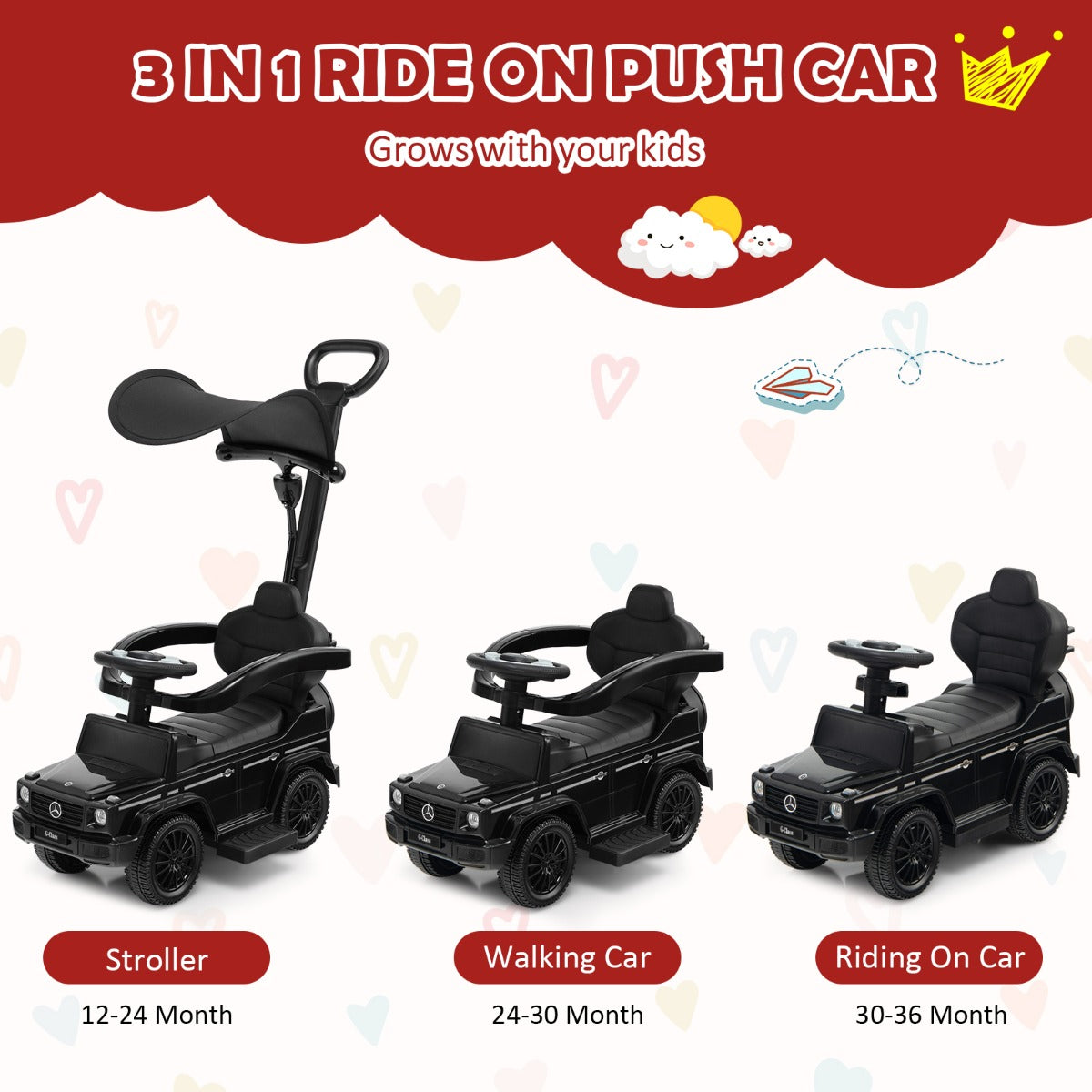 LIVSK 3-in-1 Loopauto voor Kinderen - Kinderwagen, Loopauto en Meerijdwagen - Verstelbare Zonnekap - Geluidseffecten - Zwart