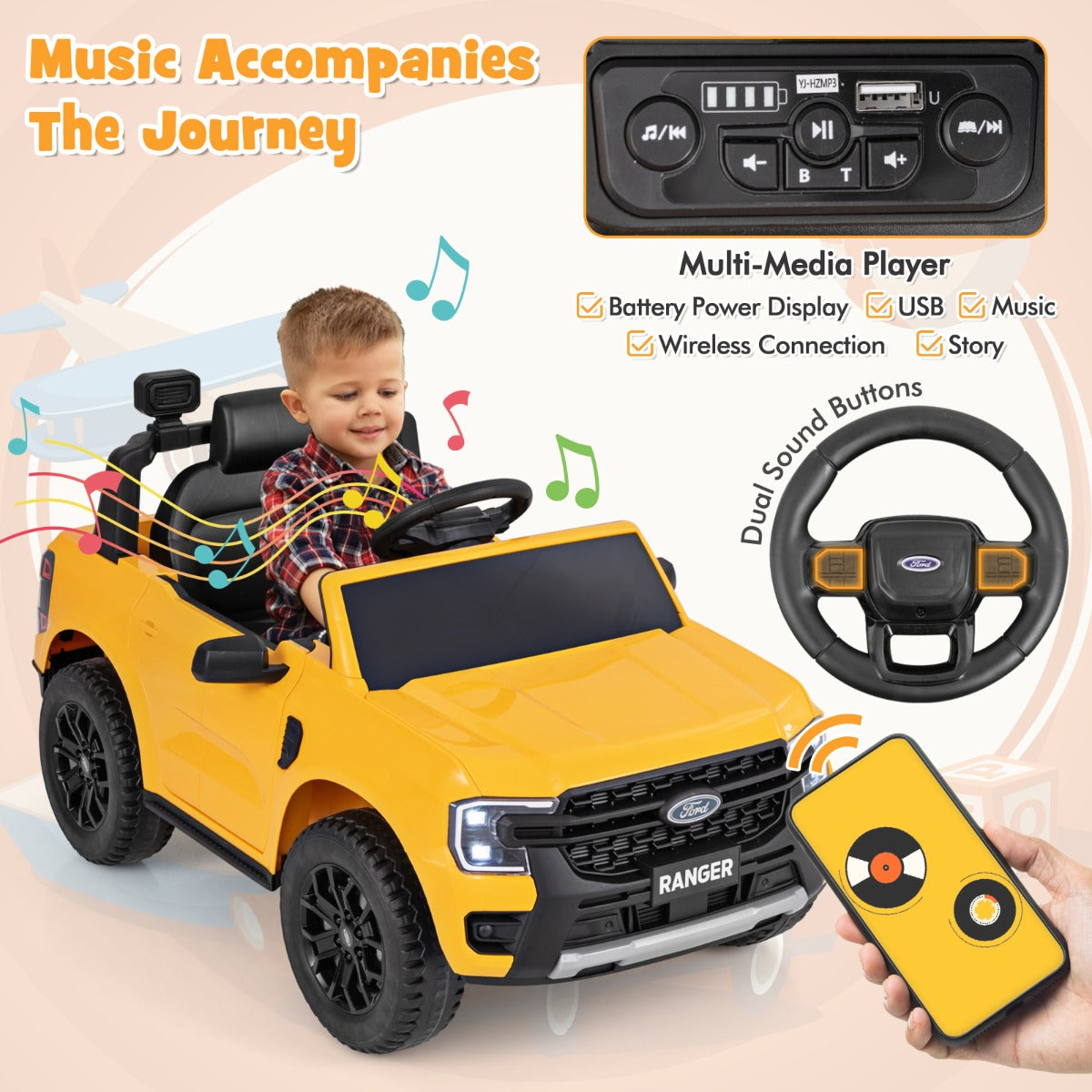 LIVSK Ford 12V Elektrische Auto voor Kinderen - Afstandsbediening - Muziek en Verhalen - Veiligheidsgordel - Voor 3-6 jaar - Geel