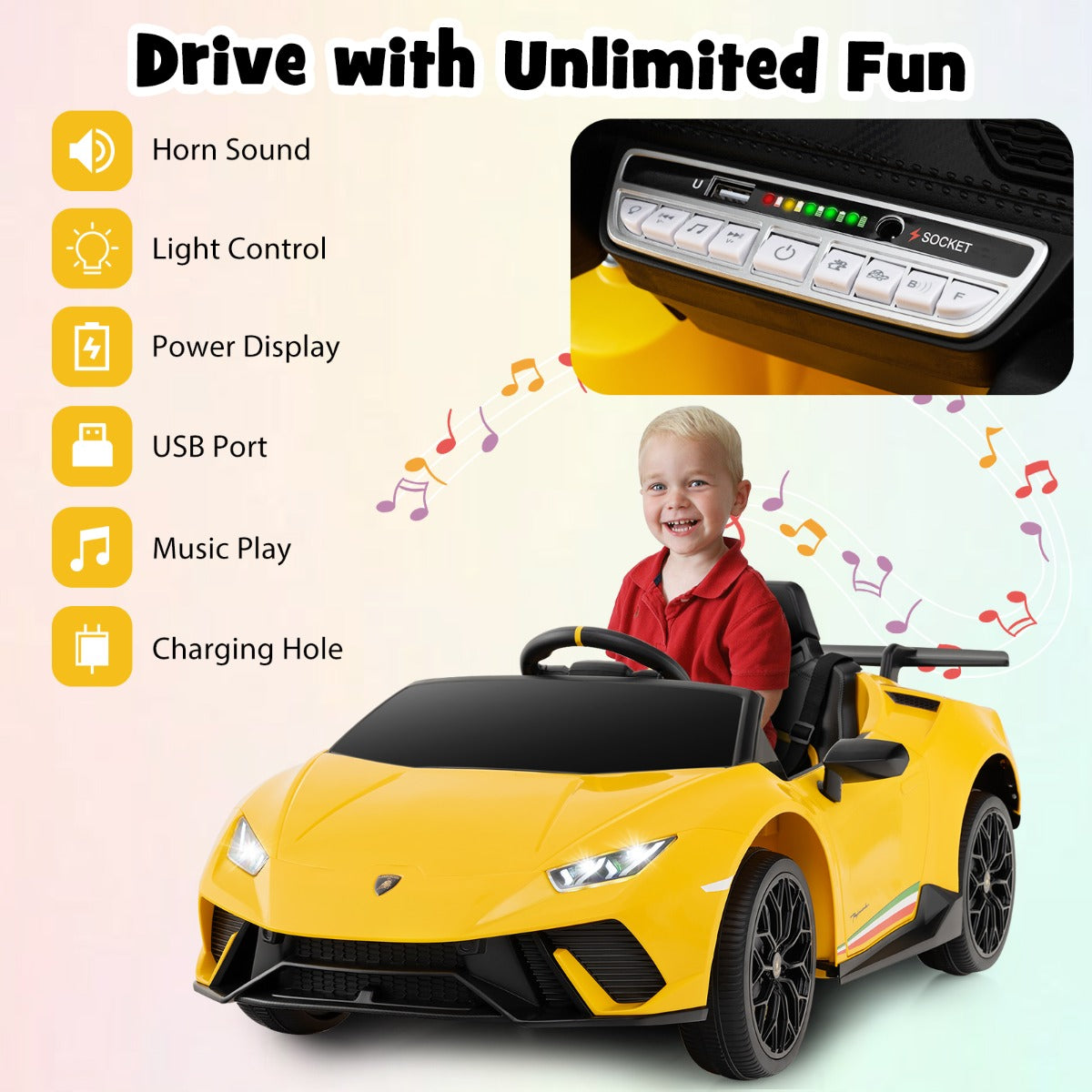 LIVSK Gelicentieerde Lamborghini Kinderauto - 2 Besturingsmodi - LED-verlichting - Veiligheidsharnas - Tot 30 kg - Zwart