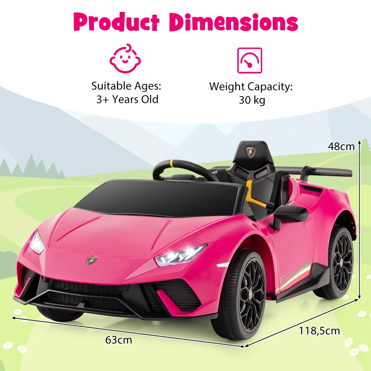 LIVSK Lamborghini Kinderauto met Afstandsbediening - 2 x 12V Motoren - LED-verlichting - Veiligheidsharnas - Tot 30 kg -