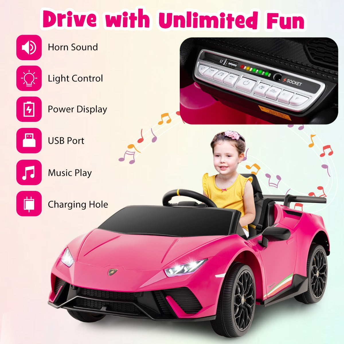 LIVSK Lamborghini Kinderauto met Afstandsbediening - 2 x 12V Motoren - LED-verlichting - Veiligheidsharnas - Tot 30 kg -