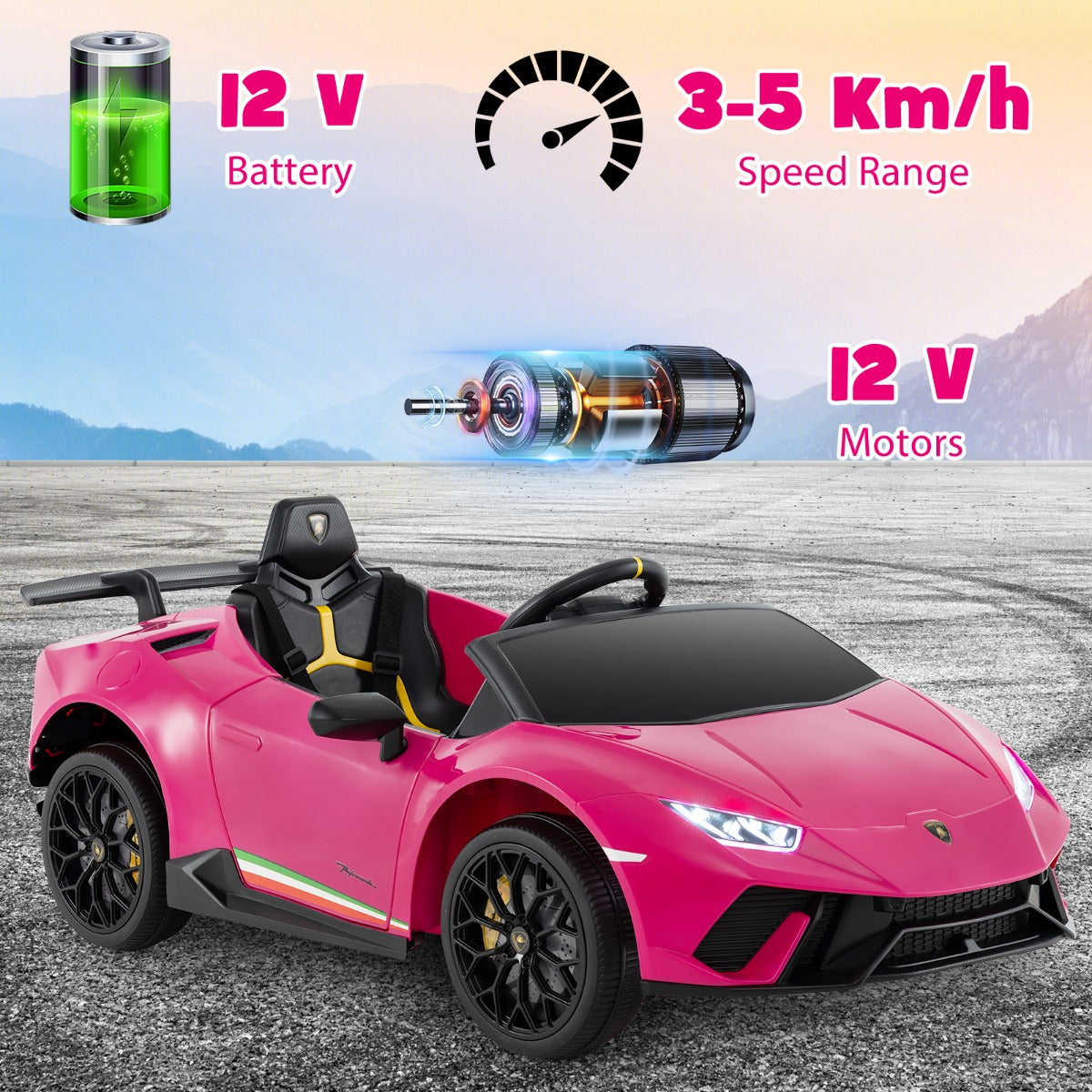 LIVSK Lamborghini Kinderauto met Afstandsbediening - 2 x 12V Motoren - LED-verlichting - Veiligheidsharnas - Tot 30 kg -