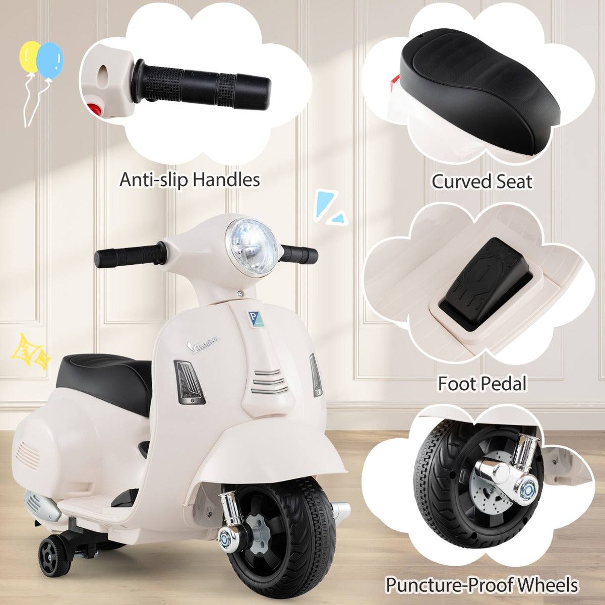 LIVSK Elektrische Kindermotorfiets - 30W Motor - LED-koplamp - Anti-kantelfunctie - Voor 18-36 maanden - Wit