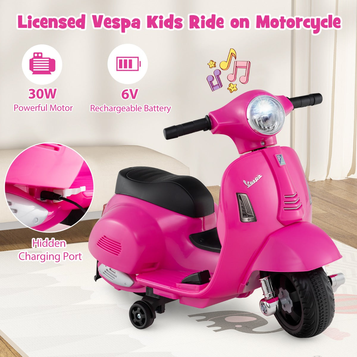 LIVSK Elektrische Kindermotorfiets - 30W Motor - LED-koplamp - Anti-kantelfunctie - Voor 18-36 maanden - Roze