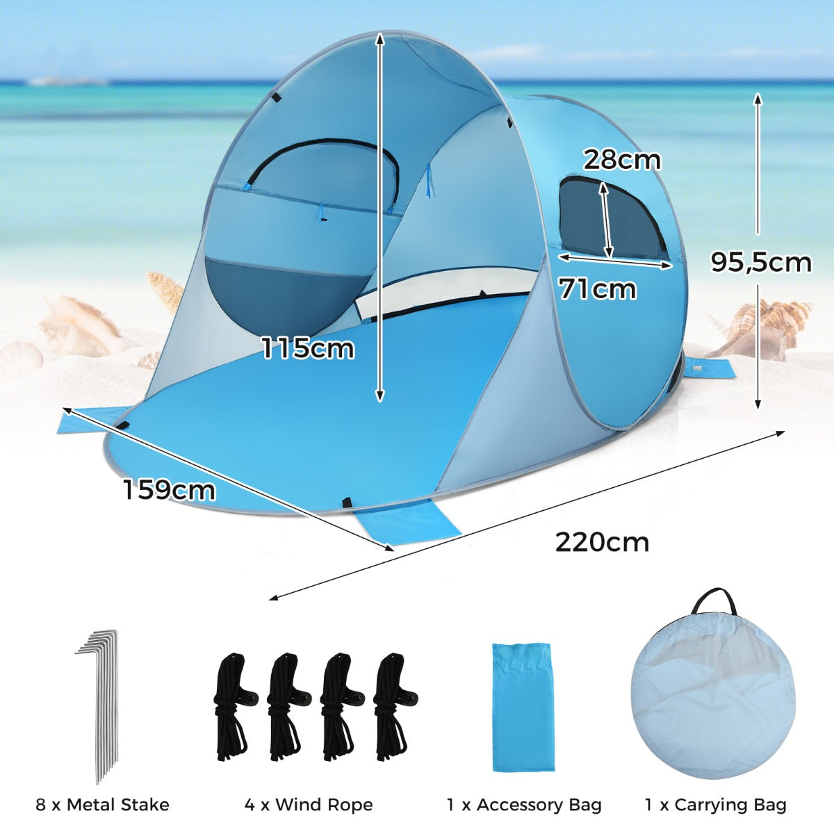 LIVSK Pop-up Strandtent voor 3-4 Personen - UPF 50+ Zonbescherming - 360° Ventilatie - Draagbaar met Tas - Blauw