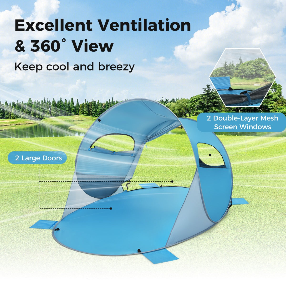 LIVSK Pop-up Strandtent voor 3-4 Personen - UPF 50+ Zonbescherming - 360° Ventilatie - Draagbaar met Tas - Blauw