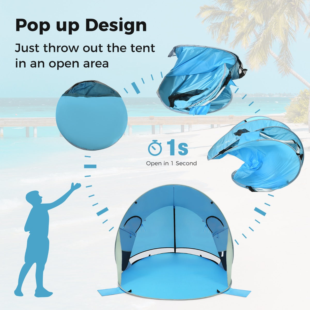 LIVSK Pop-up Strandtent voor 3-4 Personen - UPF 50+ Zonbescherming - 360° Ventilatie - Draagbaar met Tas - Blauw