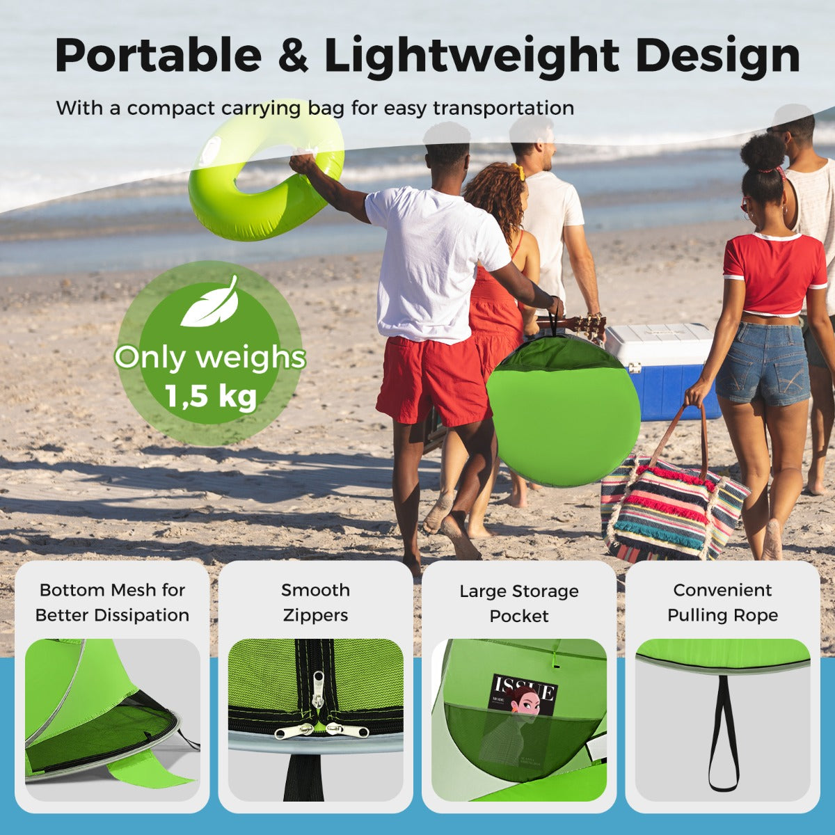 LIVSK Pop-Up Strandtent - 360° Ventilatie - UPF 50+ Zonnebescherming - Ruimte voor 3-4 Personen - Draagbaar - Groen
