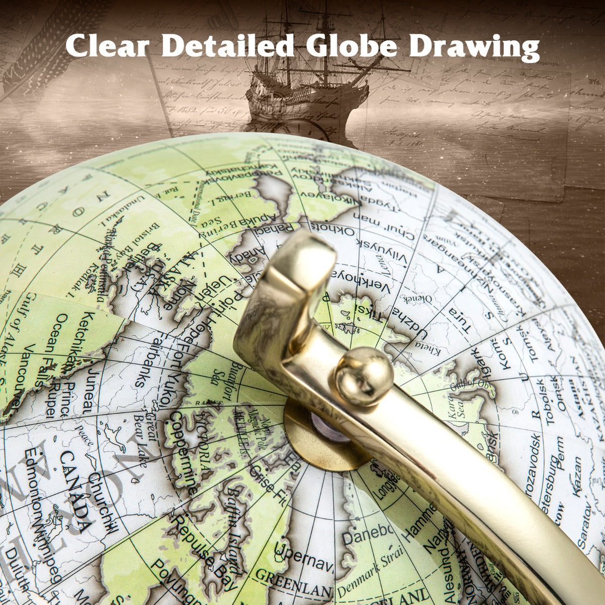 LIVSK Educatieve Wereldbol - Antieke Look met Gouden Standaard - 360° Draaibaar - Stabiele Driehoekige Basis - Wit, Goud