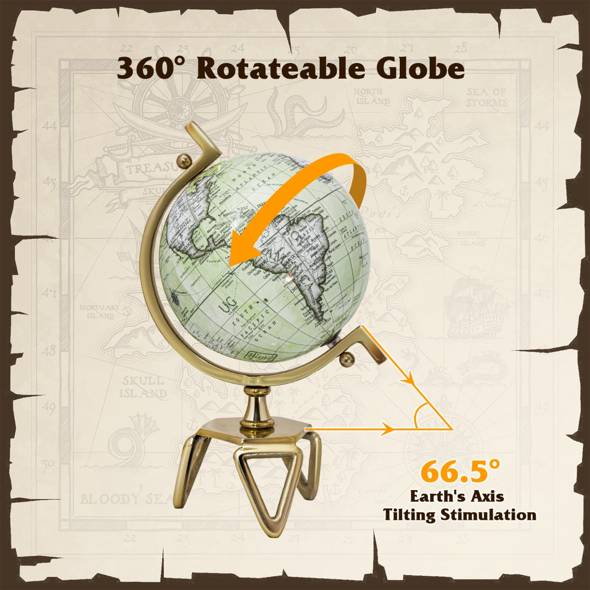 LIVSK Wereldbol - Antieke Look met Gouden Standaard - 360° Draaibaar - Educatief en Decoratief - Wit, Goud
