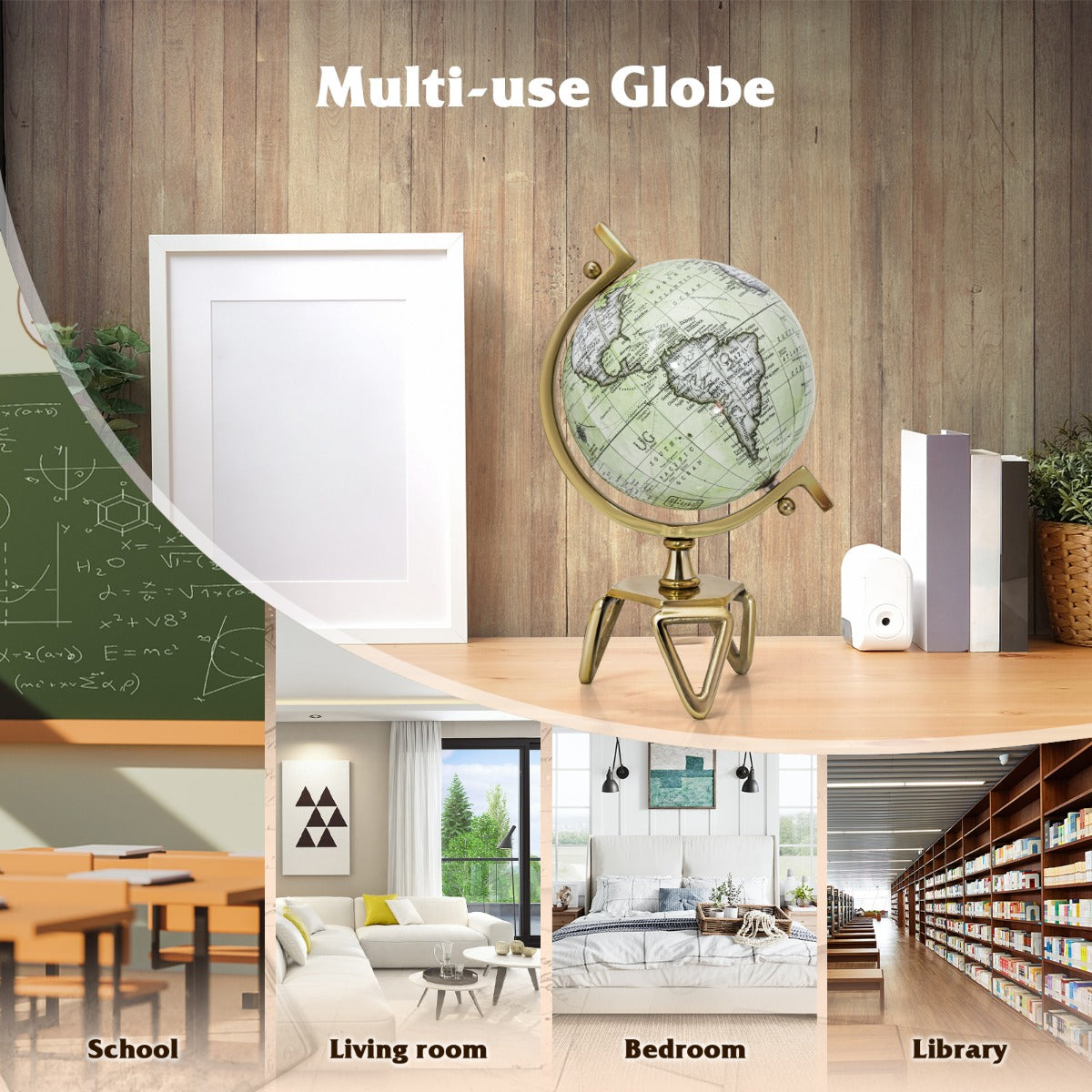 LIVSK Wereldbol - Antieke Look met Gouden Standaard - 360° Draaibaar - Educatief en Decoratief - Wit, Goud