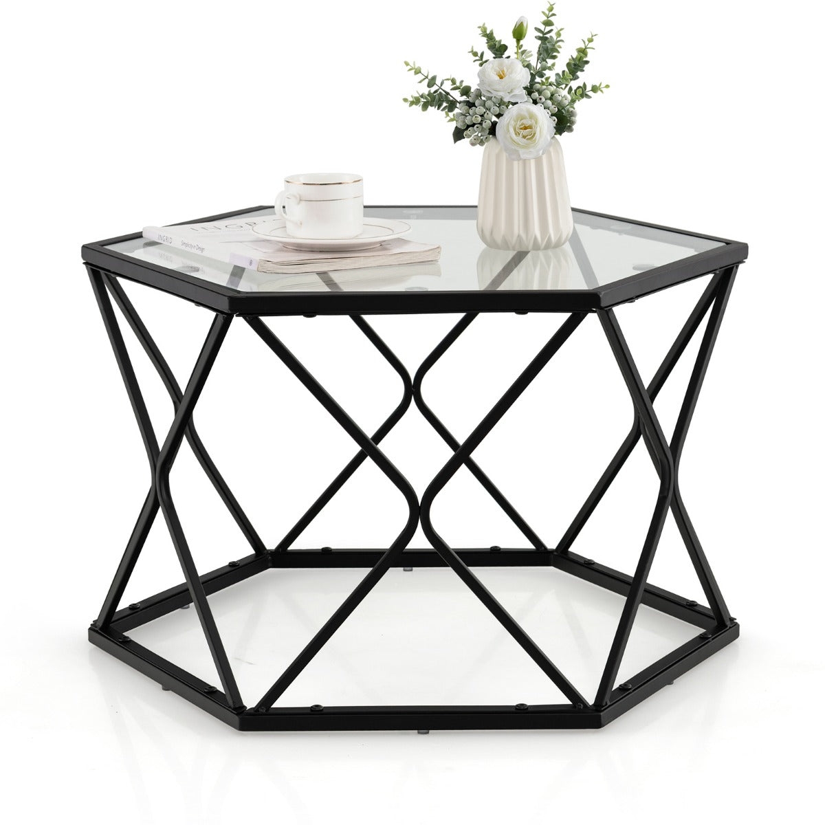 LIVSK Glazen Salontafel - Zeshoekig Design - Hittebestendig Gehard Glas - Stevig Stalen Frame - 65 x 56 x 40 cm - Zwart