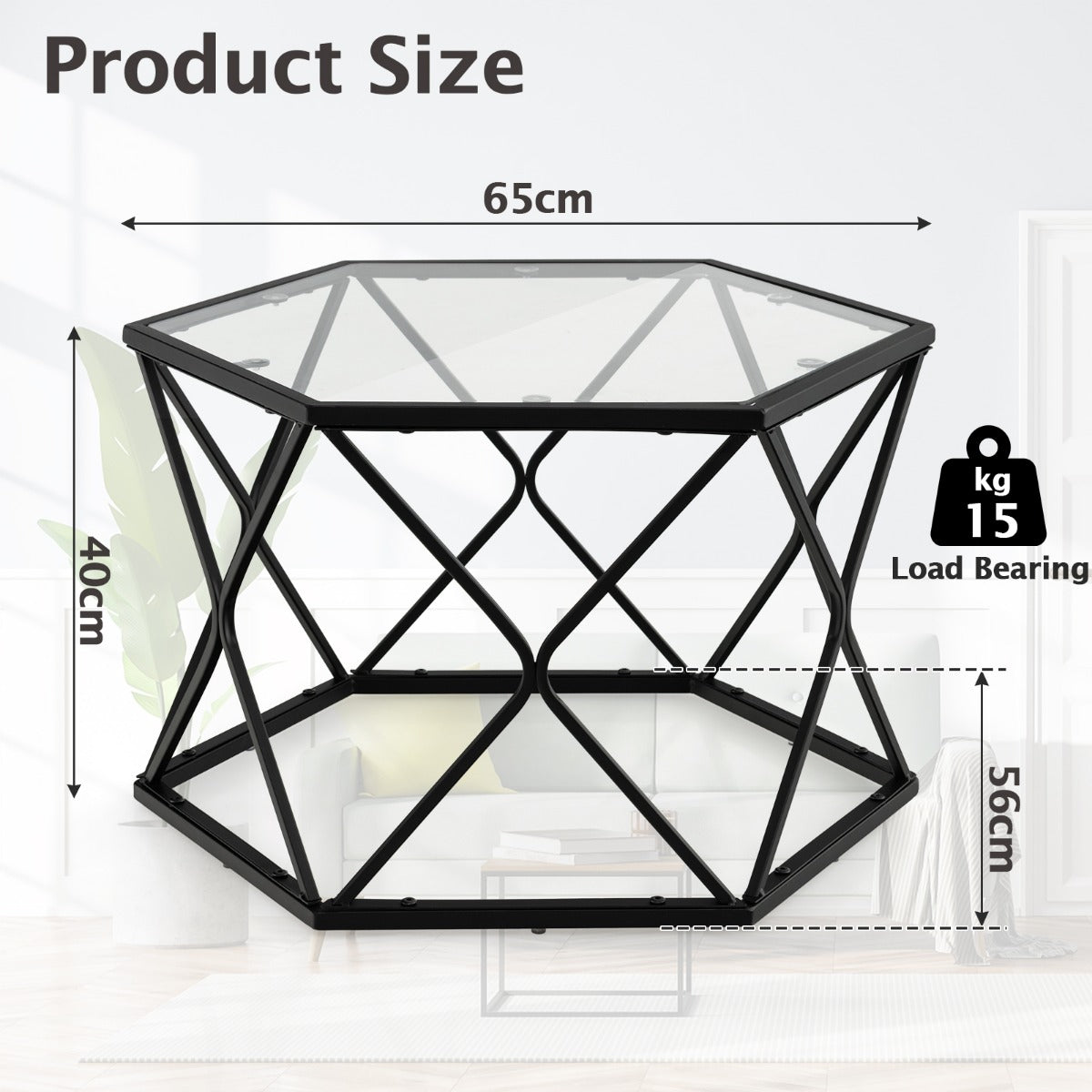 LIVSK Glazen Salontafel - Zeshoekig Design - Hittebestendig Gehard Glas - Stevig Stalen Frame - 65 x 56 x 40 cm - Zwart