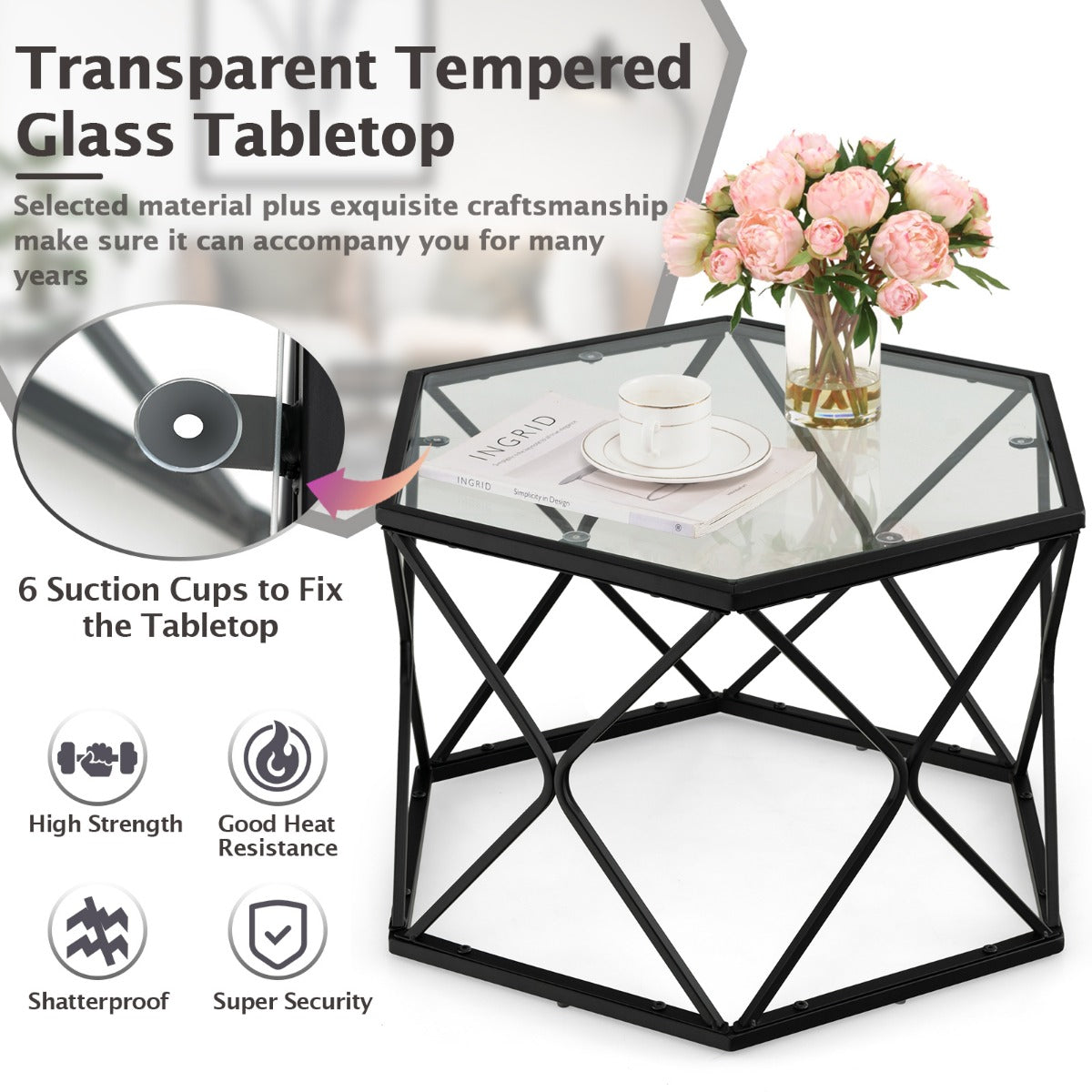 LIVSK Glazen Salontafel - Zeshoekig Design - Hittebestendig Gehard Glas - Stevig Stalen Frame - 65 x 56 x 40 cm - Zwart