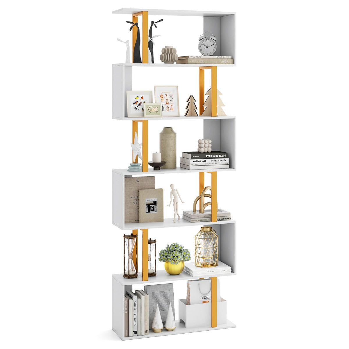 LIVSK Geometrische Boekenkast - S-vormige Planken - Verguld Frame - Antikantelfunctie - 70 x 24 x 189 cm - Wit + Goud