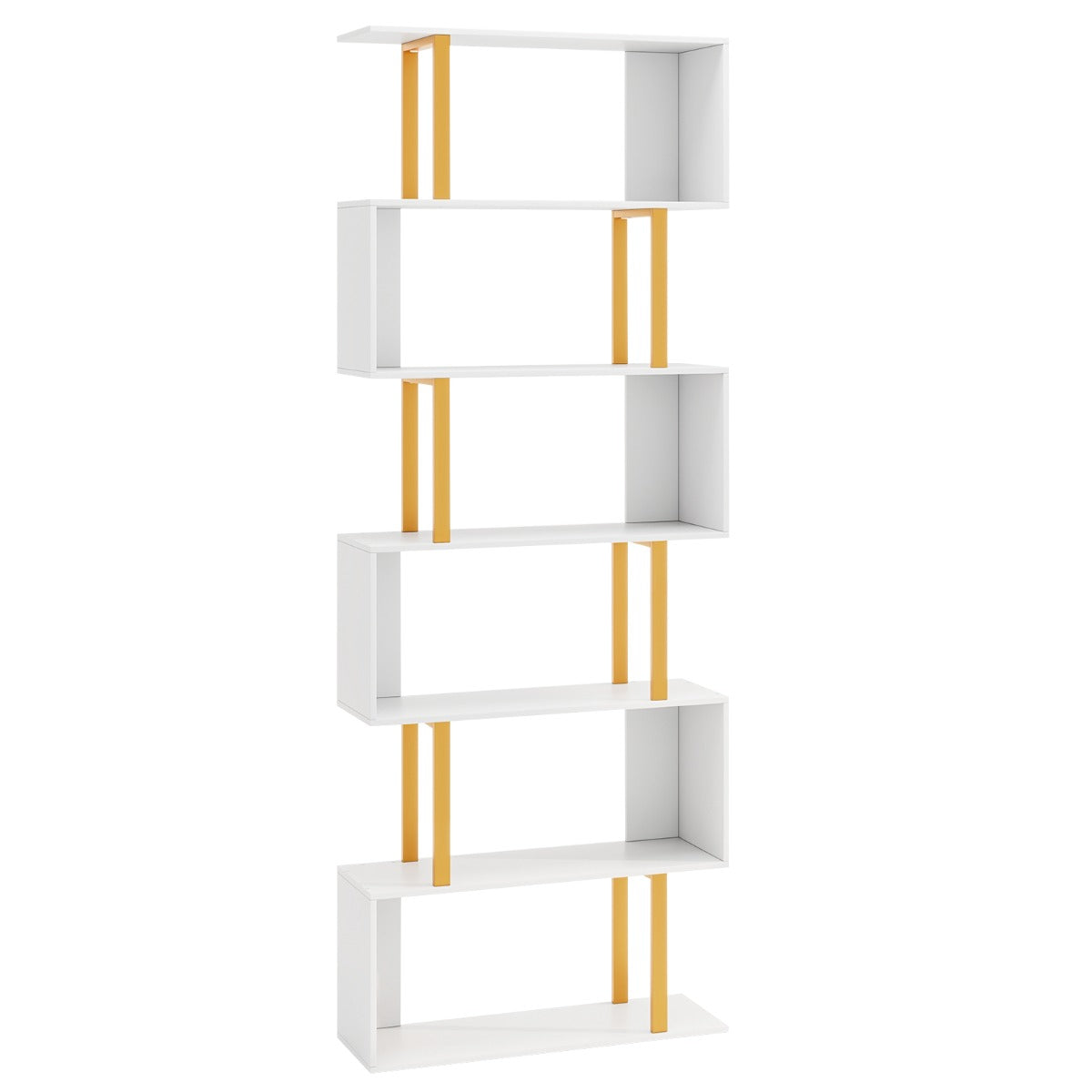 LIVSK Geometrische Boekenkast - S-vormige Planken - Verguld Frame - Antikantelfunctie - 70 x 24 x 189 cm - Wit + Goud