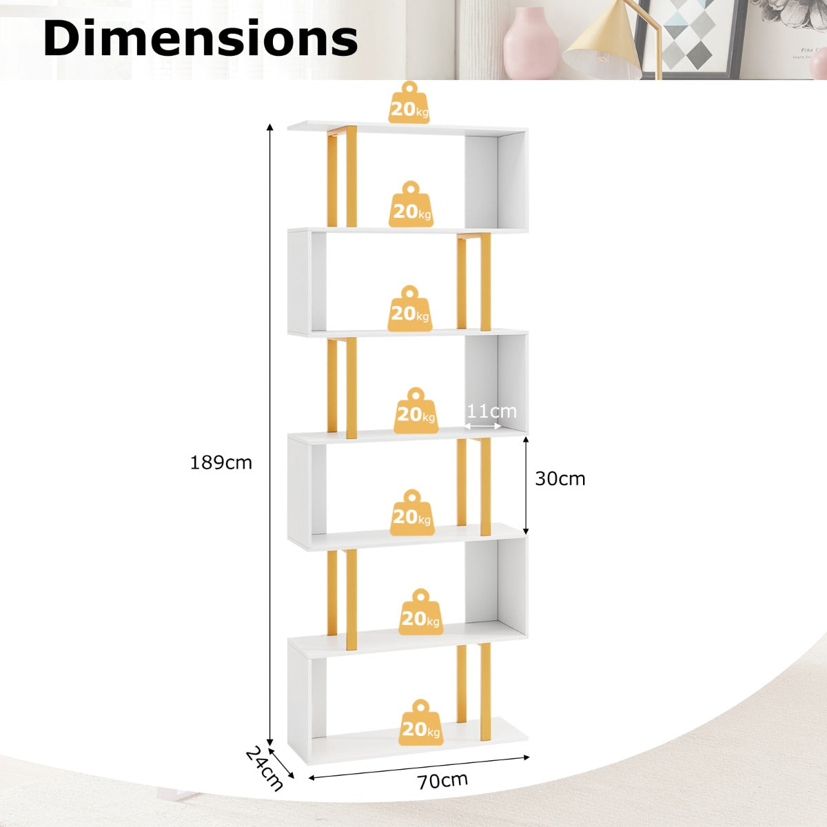 LIVSK Geometrische Boekenkast - S-vormige Planken - Verguld Frame - Antikantelfunctie - 70 x 24 x 189 cm - Wit + Goud