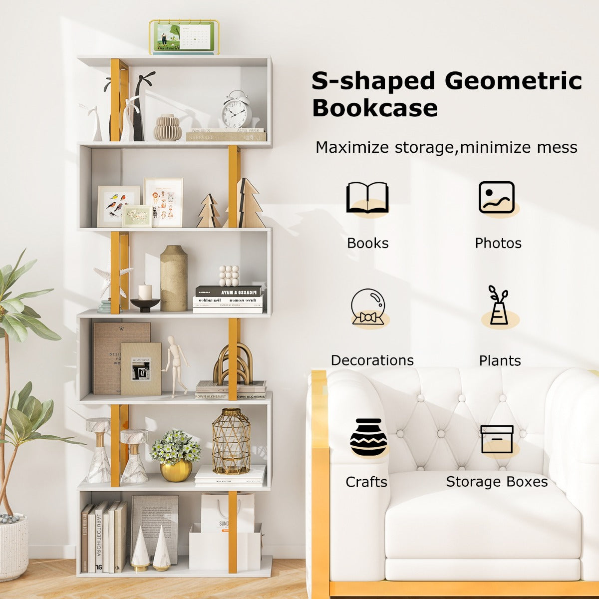 LIVSK Geometrische Boekenkast - S-vormige Planken - Verguld Frame - Antikantelfunctie - 70 x 24 x 189 cm - Wit + Goud