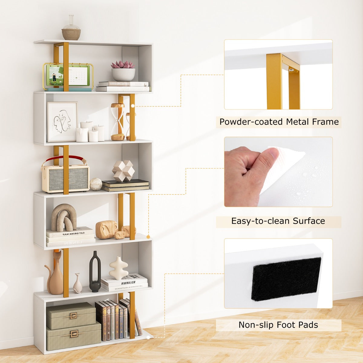 LIVSK Geometrische Boekenkast - S-vormige Planken - Verguld Frame - Antikantelfunctie - 70 x 24 x 189 cm - Wit + Goud