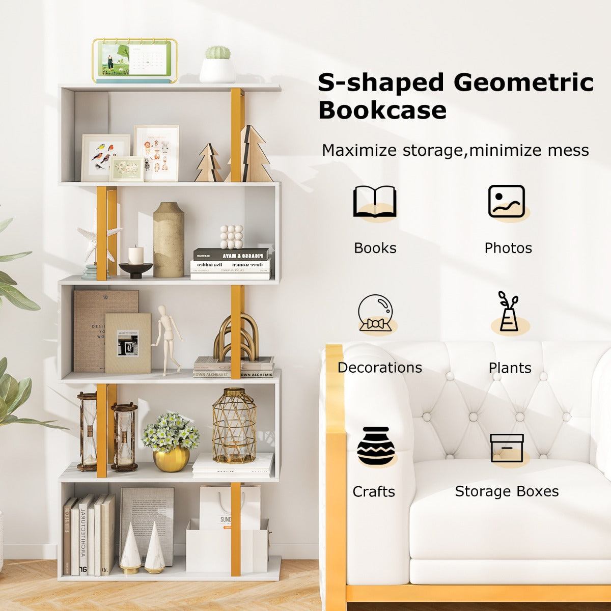 LIVSK Geometrische Boekenkast - 5 Niveaus met Gouden Frame - Inclusief Anti-Kantelsets - 70 x 24 x 157 cm - Wit + Goud