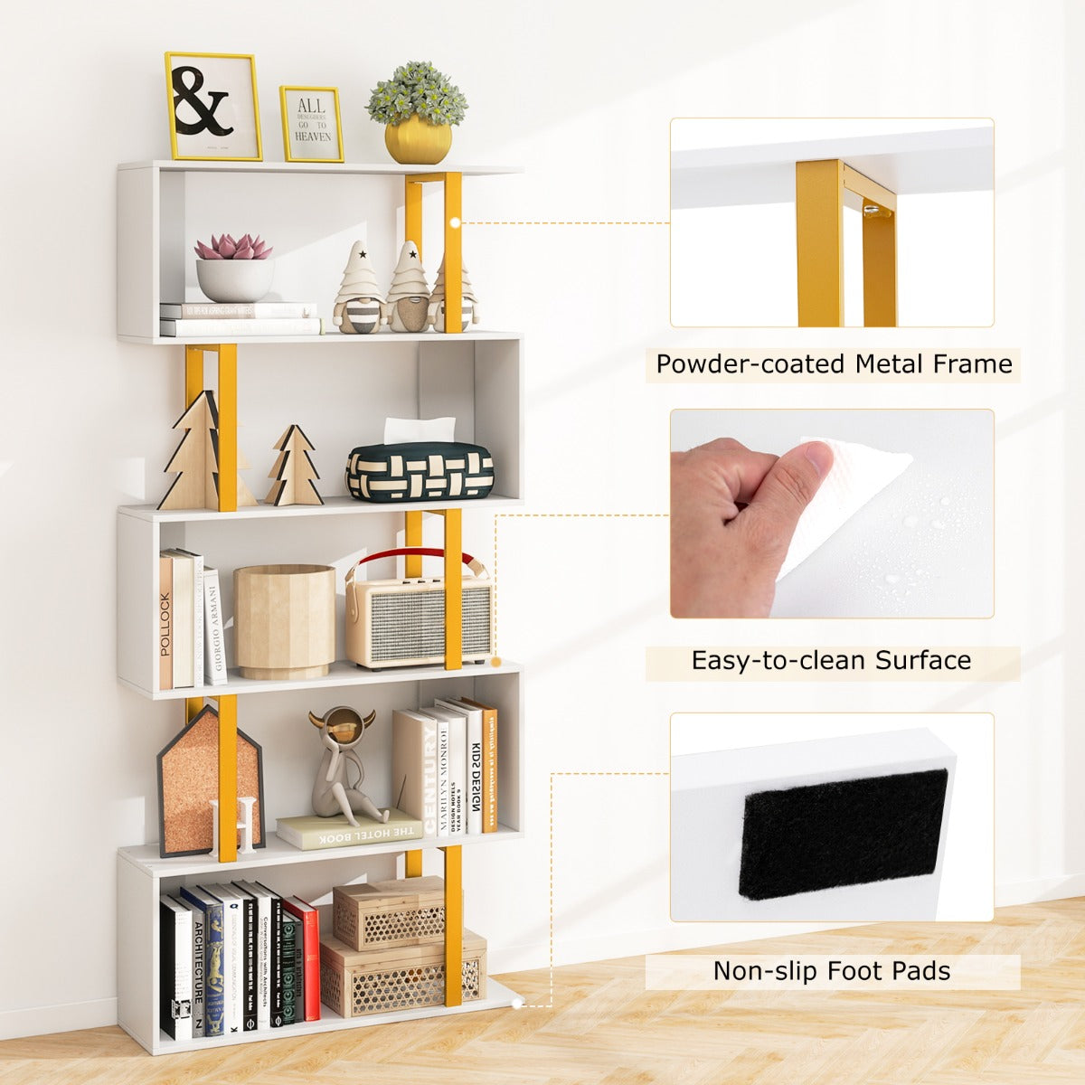 LIVSK Geometrische Boekenkast - 5 Niveaus met Gouden Frame - Inclusief Anti-Kantelsets - 70 x 24 x 157 cm - Wit + Goud