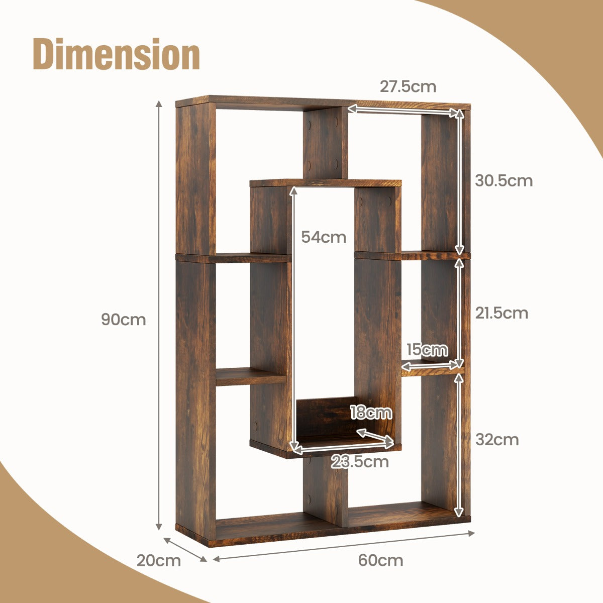 LIVSK Geometrische Boekenkast - 7 Kubussen - Anti-kantelsets - Duurzaam Gelamineerd Hout - 60 x 20 x 90 cm - Bruin