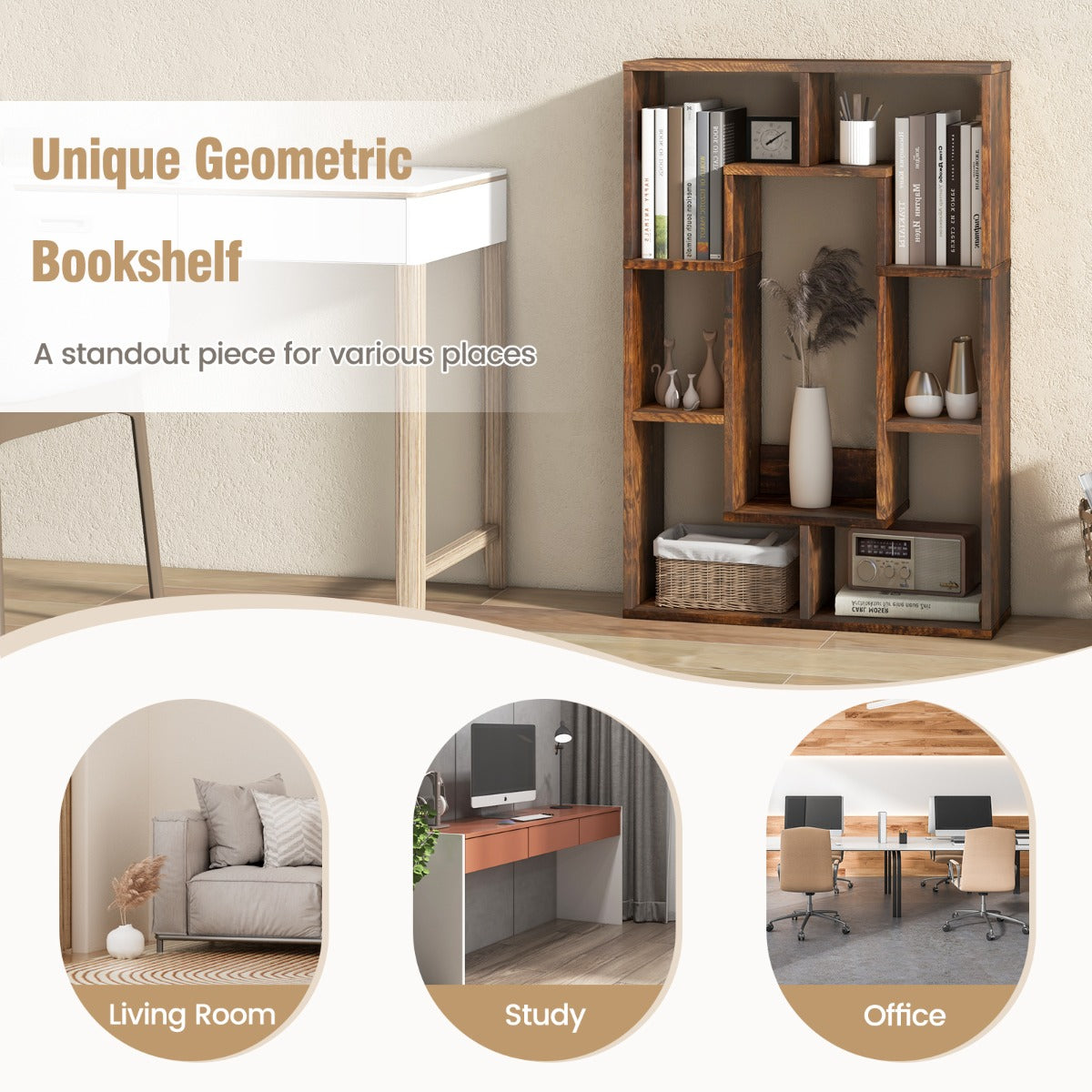 LIVSK Geometrische Boekenkast - 7 Kubussen - Anti-kantelsets - Duurzaam Gelamineerd Hout - 60 x 20 x 90 cm - Bruin