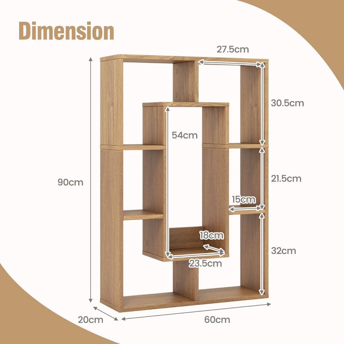 Livsk costway geometrische boekenkast met 7 kubussen moderne en decoratieve open hoekplank kamerscherm opbergrek natuur 2