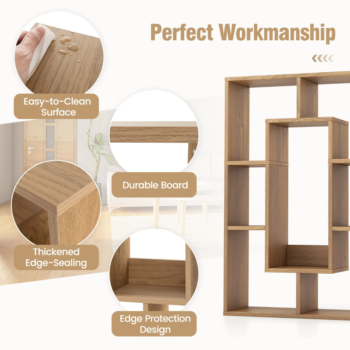 Livsk costway geometrische boekenkast met 7 kubussen moderne en decoratieve open hoekplank kamerscherm opbergrek natuur 4
