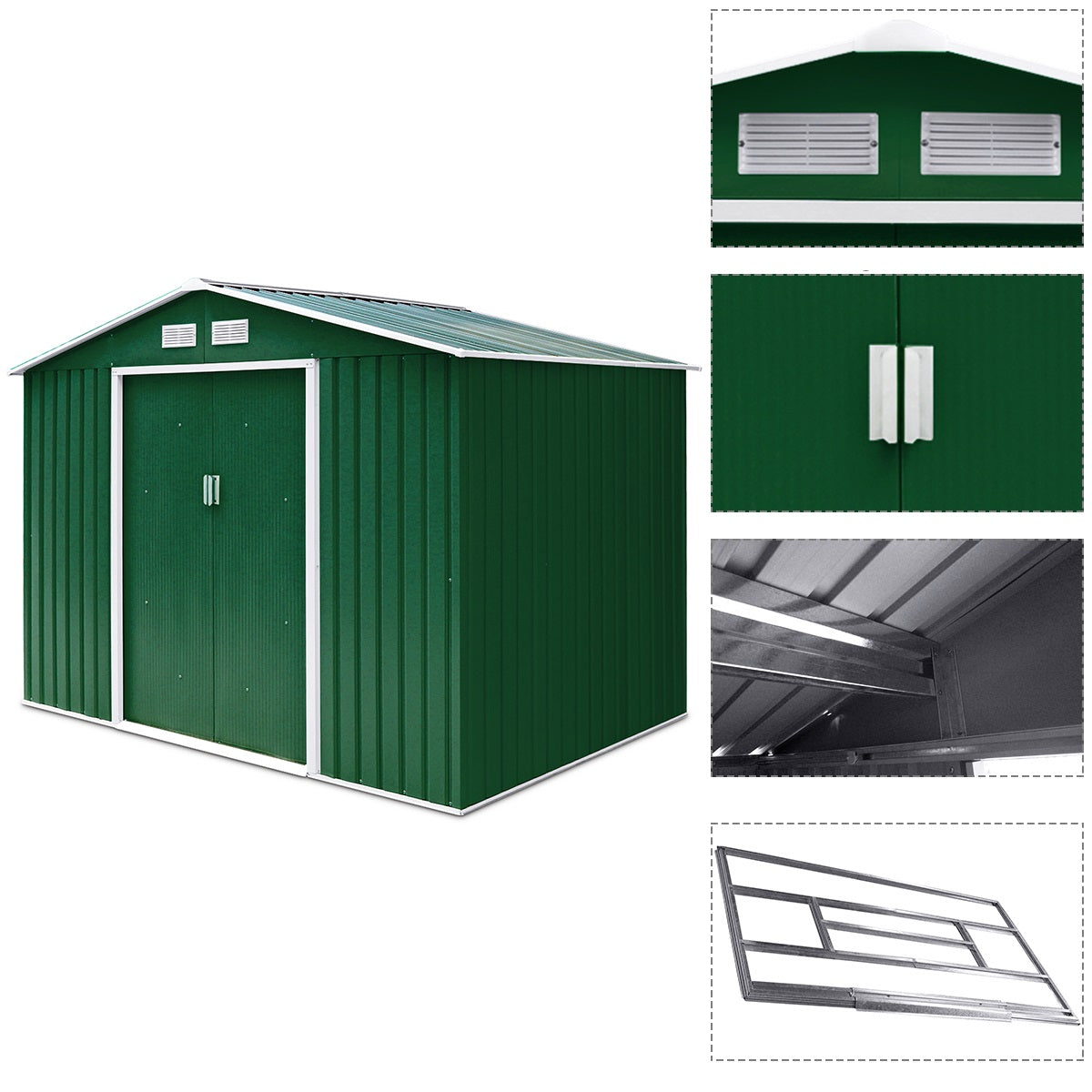 LIVSK Tuinopslagloods - Stevig Stalen Frame - Anti-corrosie - Ventilatieramen - 277 x 191 x 192 cm - Donkergroen